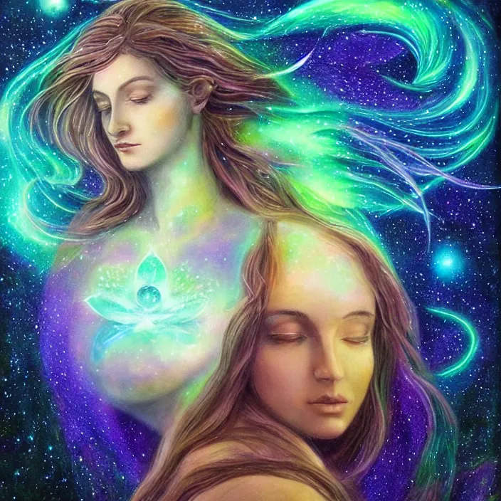 Image similar to the rise of the divine feminine goddess, bioluminescent, aurora in the universe, cosmos, divine power energy, light force, hyper - realistic, highly detailed, mystical, sharp focus, realistic, sci - fi, the awakening of the divine energy