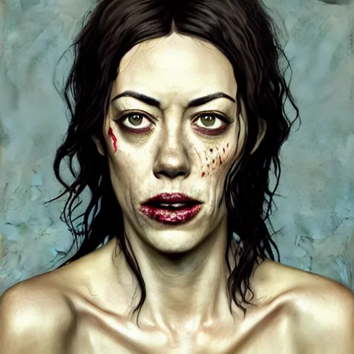 Image similar to color head portrait of aubrey plaza and lena headey grinning as a zombie, 7 days to die zombie, gritty background, fine art, award winning, intricate, elegant, sharp focus, cinematic lighting, digital painting, 8 k concept art, art by michael hussar, art by brom, art by guweiz and z. w. gu, 8 k