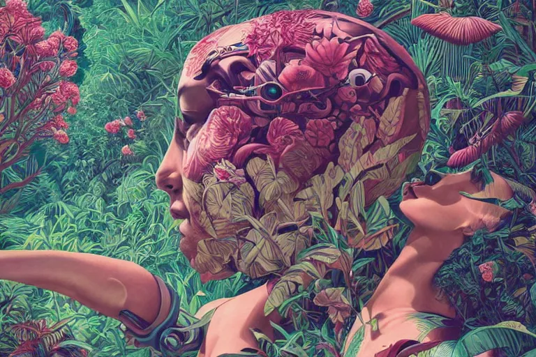 Image similar to gigantic robot head, a lot of exotic vegetation, trees, flowers by junji ito, tristan eaton, victo ngai, artgerm, rhads, ross draws, hyperrealism, intricate detailed