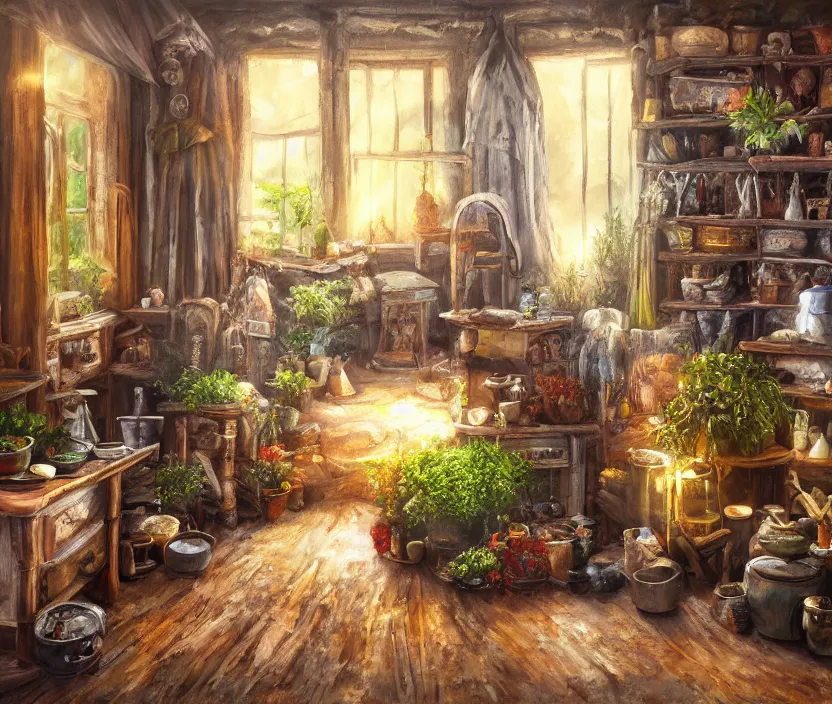 Image similar to expressive rustic oil painting, interior view of a cluttered herbalist cottage, waxy candles, wood furnishings, herbs hanging, light bloom, dust, ambient occlusion, morning, rays of light coming through windows, dim lighting, brush strokes oil painting