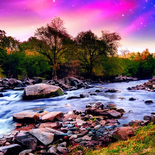 Prompt: a beautiful landscape, river, rocks, trees, iridescent lights