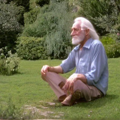 Prompt: long white hair old man with green shirt and white short, sitting in ile de re house garden, film still of plein soleil ( 1 9 6 0 )