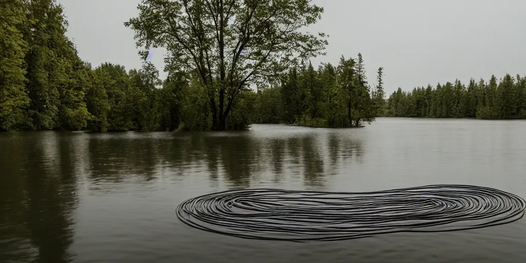 Image similar to centered photograph of a infinitely long rope zig zagging snaking across the surface of the water into the distance, floating submerged rope stretching out towards the center of the lake, a dark lake on a cloudy day, color film, trees in the background, hyper - detailed photo, anamorphic lens