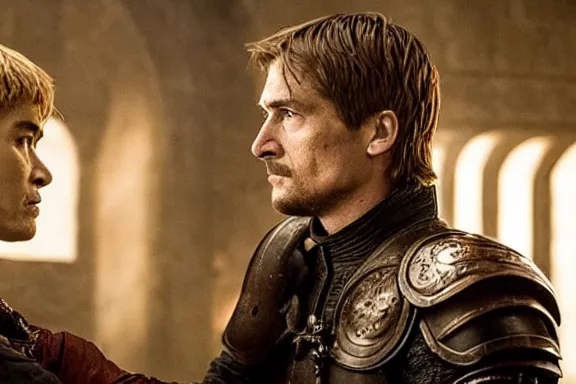 Image similar to very very intricate photorealistic photo of jaime lannister fighting cersei, photo is in focus with detailed atmospheric lighting, award - winning details