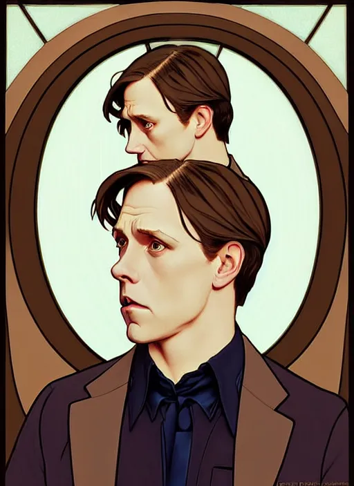 Prompt: art nouveau portrait of geoff rickly with short light brown straw blond hair, light blue eyes, sad expression, scared, head down, shy and demure, natural lighting, path traced, highly detailed, high quality, cartoon, digital painting, by don bluth and ross tran and studio ghibli and alphonse mucha