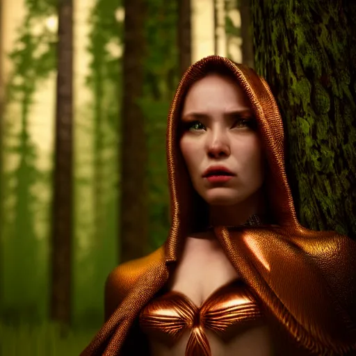 Image similar to highly detailed, ultra realistic, cinematic, woman full body with a copper nose and copper claws, high detail, 8 k, sharp focus, movie still, dramatic lighting, ray tracing, smooth, a female evil demonic character of kazakh mythology, jeztyrnak, standing in the night forrest