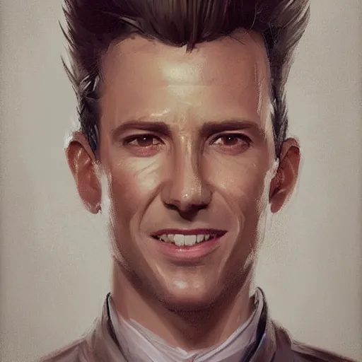 Prompt: portrait of a man by greg rutkowski, he is about 3 0 years old, mixture between german and turkish, copper quiff hair, uncanny smile, very tall and slender, he is wearing a futuristic police gear, highly detailed portrait, digital painting, artstation, concept art, smooth, sharp foccus ilustration, artstation hq