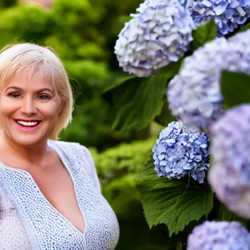 Prompt: 6 0 year old curvy blonde woman, welcoming grin, surrounded by hydrangeas, with a small white happy dog at her side, portrait, headshot, detailed, high quality