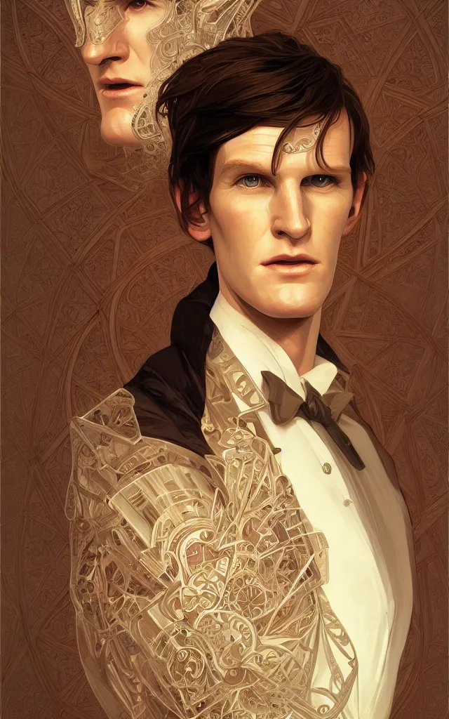 Image similar to symmetry portrait of matt smith, intricate, elegant, highly detailed, digital painting, artstation, concept art, smooth, sharp focus, illustration, art by artgerm and greg rutkowski and alphonse mucha