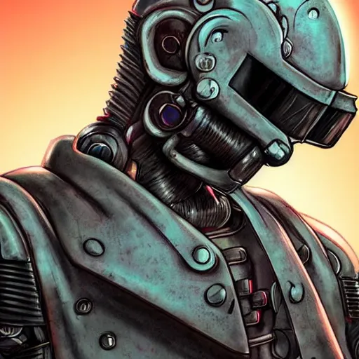 Image similar to a award winning action upper body portrait of nuke zombie with a mullet and breathing mask while wearing futuristic bodyarmor and pauldrons, outrun, vaporware, highly detailed, fine detail, intricate