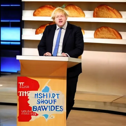 Image similar to Boris Johnson pitching the idea of bread on shark tank