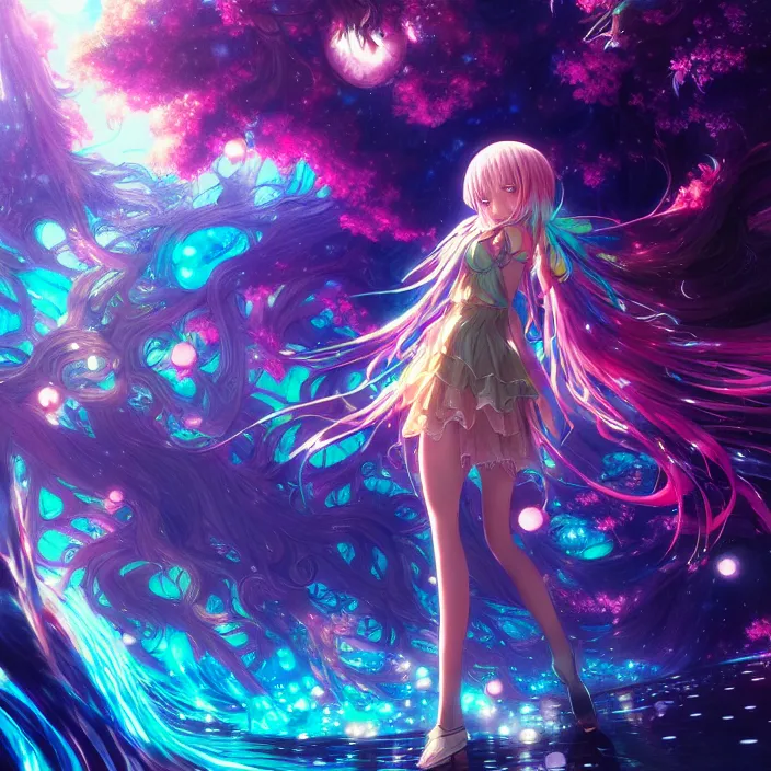 Image similar to ultra detailed illustration of a anime girl covered in liquid chrome, lost in a dreamy fairy multiverse by ross tran, Andrew Thomas Huang, dan mumford, Druillet, colorful, front view, vivid colors, 8k, coherent, artgerm, anime vibes, octane render, uplifting, magical composition, artstation