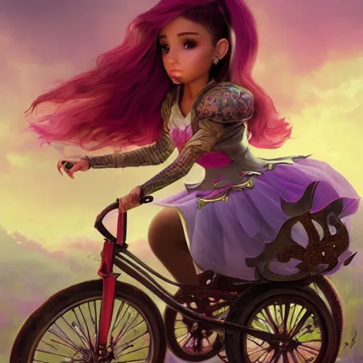 Prompt: An epic fantasy comic book style portrait painting of a very beautiful Ariana Grande on a tricycle, character design by Mark Ryden and Pixar and Hayao Miyazaki, unreal 5, DAZ, hyperrealistic, octane render, cosplay, RPG portrait, dynamic lighting, intricate detail, summer vibrancy, cinematic
