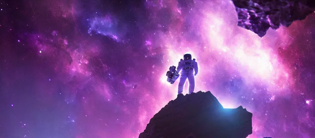 Prompt: extreme close up, astronaut on purple [ [ [ crystal ] ] ] caves, amethyst, beautiful dynamic lighting, nebula sky, cinematic, wide angle establishing shot, extremely high detail, photo realistic, cinematic lighting, matte painting, interstellar, greg rutkowski, roger deakins