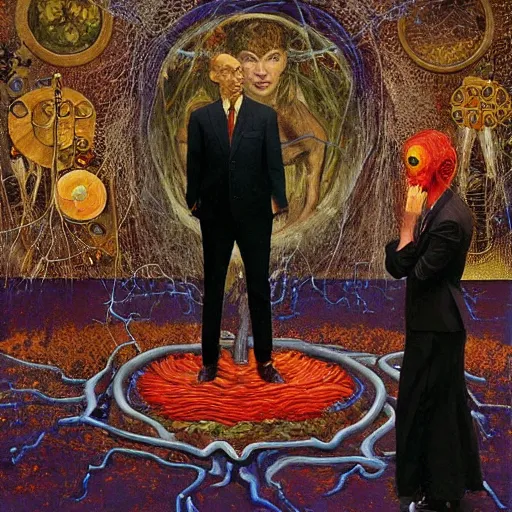 Prompt: two lovers wearing a suit made of nervous system, channeling third eye energy, surrounded by a background of dark cyber mystic garden of earthly delights, midnight hour, painted part by wojciech siudmak, part by ilya repin, part by norman rockwell, part by francis bacon, artstation