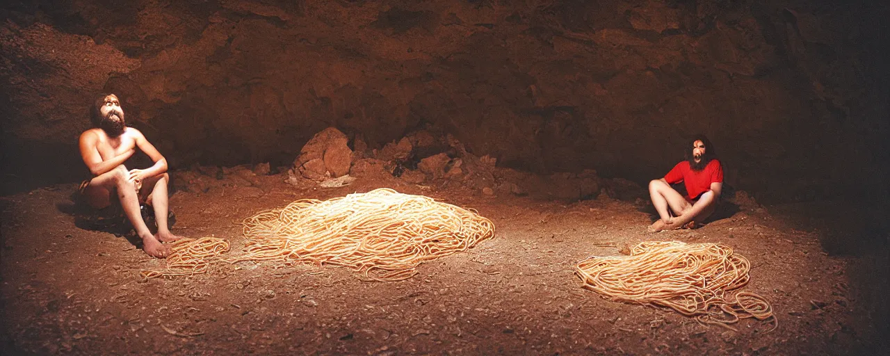 Image similar to a caveman sitting alone next to giant mound of spaghetti, fire in a cave at night, canon 5 0 mm, facial expression, cinematic lighting, photography, retro, film, kodachrome