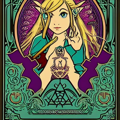 Image similar to the legend of Zelda, in the style of art nouveau,