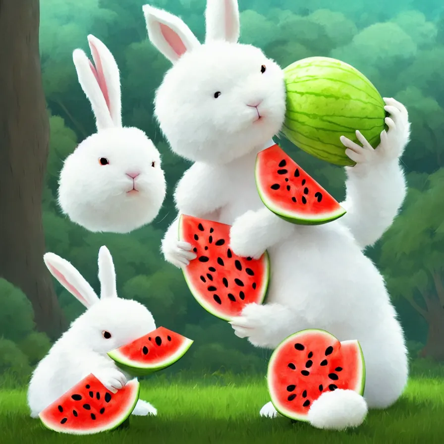 Image similar to Goro Fujita illustrating a cute white fluffy bunny with big ears eating a big watermelon in a forest, art by Goro Fujita, sharp focus, highly detailed, ArtStation