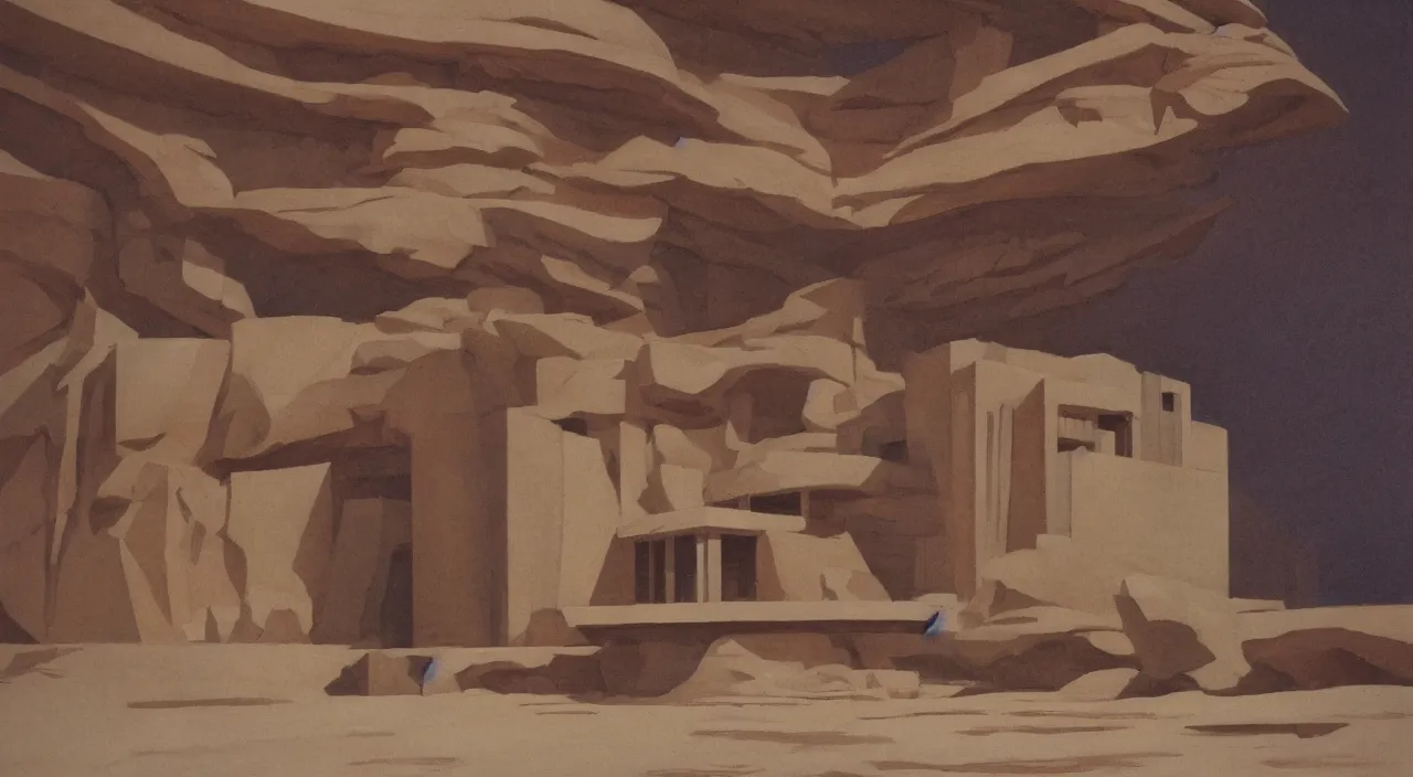 Image similar to chiaroscuro gouache by james gurney. building designed by frank lloyd wright. dune palace.