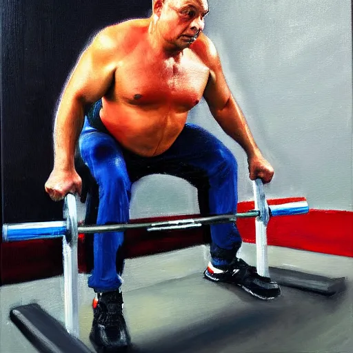 Prompt: viktor orban weightlifting, oil painting