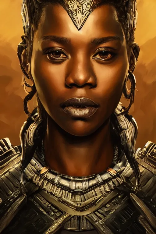 Image similar to ultra realistic illustration, closeup portrait shot, wakandan warrior in game kf thrones chair, perfect lighting, hacknaut cyberpunk, sci - fi, fantasy, intricate, elegant, highly detailed, digital painting, artstation, concept art, smooth, sharp focus, illustration, art by artgerm and greg rutkowski and alphonse mucha