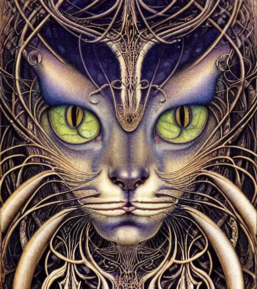 Image similar to detailed realistic beautiful bast cat goddess face portrait by jean delville, gustave dore, iris van herpen and marco mazzoni, art forms of nature by ernst haeckel, art nouveau, symbolist, visionary, gothic, neo - gothic, pre - raphaelite, fractal lace, intricate alien botanicals, biodiversity, surreality, hyperdetailed ultrasharp octane render