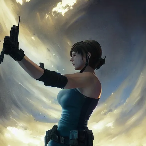 Image similar to jill valentine, posing heroically, heavenly, full body close-up shot, elegant, realistic character concept, high fantasy, light atmosphere, golden ratio, cinematic lighting, hyperdetailed, high resolution, insanely detailed and intricate, artstation, Marc Simonetti, Greg Rutkowski, octane render, 8k