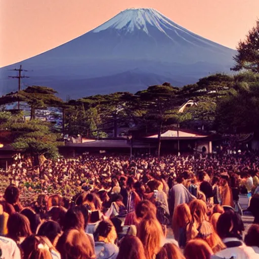 Prompt: 1 9 7 0 s photograph of a rock band playing in a japanese town with mount fuji in the distance, golden hour lighting, award winning photograph, fujifilm, concert footage