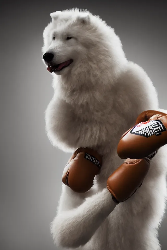 Prompt: samoyed dog head on a human body as a muay thai kickboxer, gloves on hands, world championship fight, photorealistic, cinematic lighting, film still