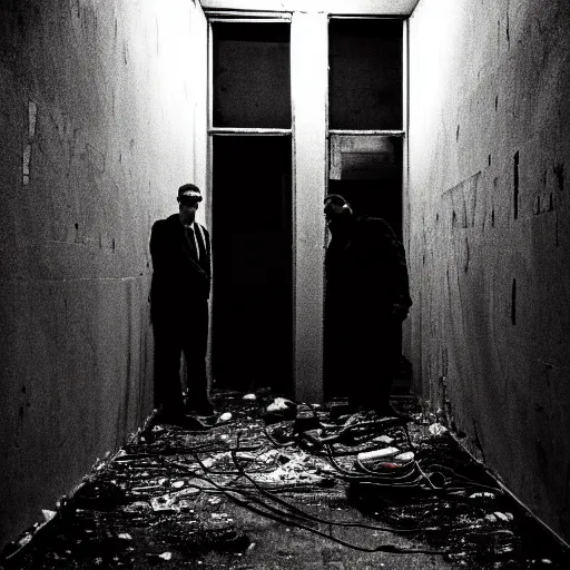 Image similar to two men in black, looking at a bright light in the dark grimy grungy basement of an abandoned apartment block, wires, cables, grainy black and white photography