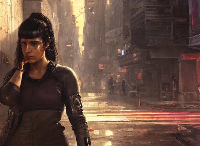 Prompt: Cyberpunk female hacker wearing stealth suit hiding from police patrol (blade runner 2049, cyberpunk 2077). Orientalist portrait by john william waterhouse and James Gurney and Theodore Ralli and Nasreddine Dinet, oil on canvas. Cinematic, hyper realism, realistic proportions, dramatic lighting, high detail 4k