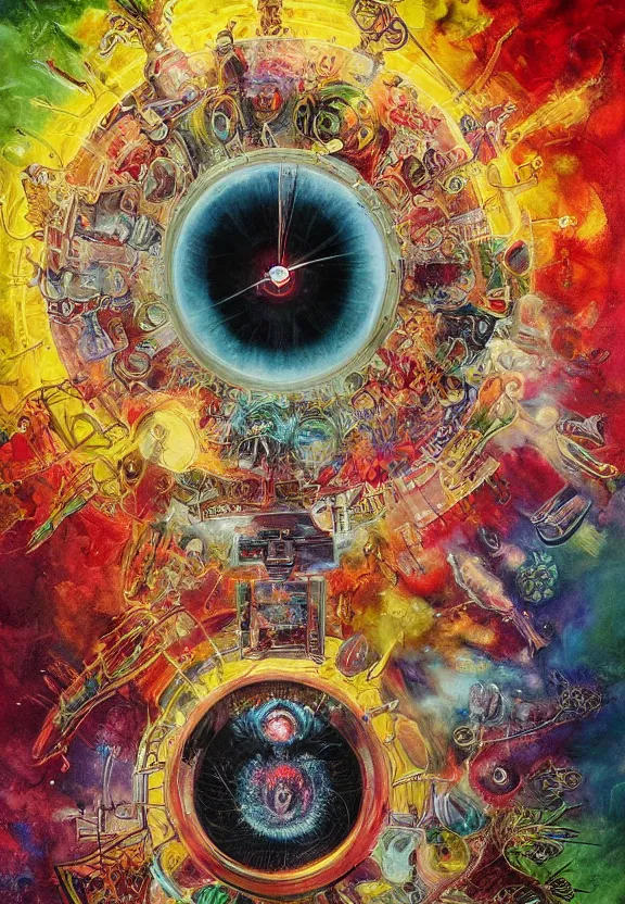 Image similar to colorful medical equipment, cameras, radiating, blood mandala, portal, minimalist environment, by ryan stegman and hr giger and esao andrews and maria sibylla merian eugene delacroix, gustave dore, thomas moran, the movie the thing, pop art, biopunk, i'm the style of piet bill sienkiewicz