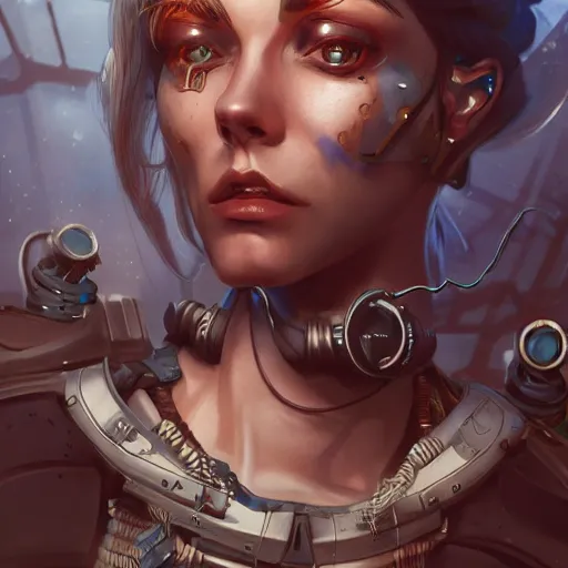 Image similar to lineart, colour, cyborg, portrait, steampunk, hyperdetailed, artstation