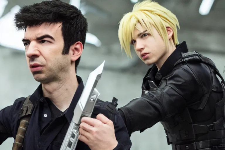 Image similar to live action film still of nathan fielder playing cloud strife in the new sci - fi movie