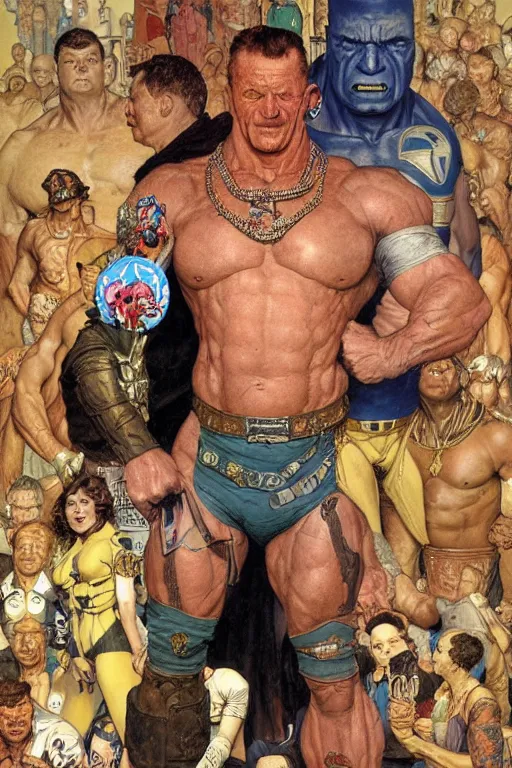 Image similar to upper body and head portrait of huge dorian yates as marvel character wearing pants and shirt and boots and gold jewellery round his neck by alex ross and lawrence alma tadema and zdzislaw beksinski and norman rockwell and jack kirby and tom lovell and greg staples