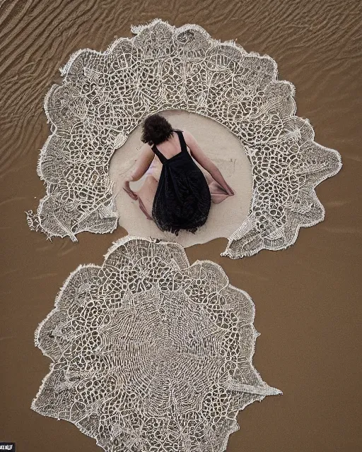 Prompt: a woman sitting on a beach, made of intricate decorative lace leaf skeleton, shot from a drone, in the style of the dutch masters and gregory crewdson, dark and moody