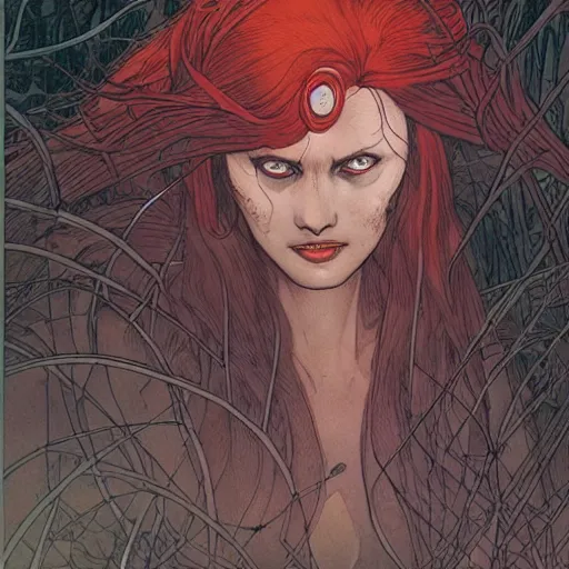 Image similar to a beautiful comic book illustration of a vamapire woman with long red hair in the forest at night by Jerome Opeña, featured on artstation