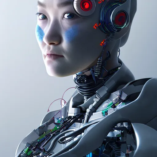 Prompt: realistic portrait 3 d render of a cybernetic enhanced japanese cyberpunk, girl, featured on cgsociety, matte painting, concept art, sharp focus, illustration, studio lighting, art by masayoshi tanaka, akihiko yoshida, kazuya takahashi