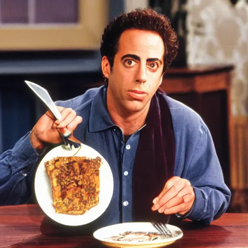 Prompt: jerry seinfeld holding a fork and knife with kramer's head on a plate. realistic photo