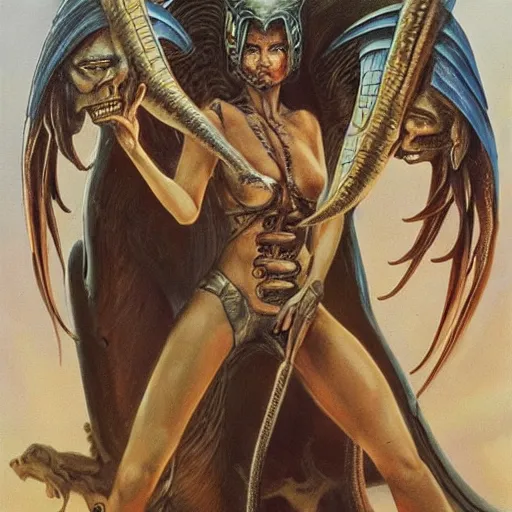 Prompt: illustrated by Boris Vallejo and H.R. Giger | Beautuful portrait of a warrior-girls with snakes and demons surronded