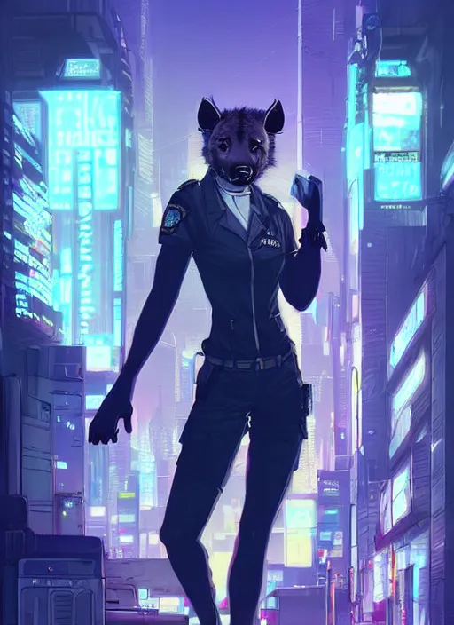 Image similar to beautiful portrait commission of a female furry anthro hyena fursona wearing a police uniform. Cyberpunk city at night in the rain. Neon light. Atmospheric. Character design by charlie bowater, ross tran, artgerm, and makoto shinkai, detailed, inked, western comic book art