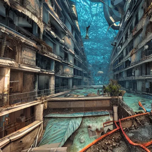 Prompt: An abandoned city center under water, horror, liminal, hyper detailed, dramatic lighting, CGsociety, realistic, fish, hyper detailed, insane details, intricate, dramatic lighting, hypermaximalist, golden ratio, rule of thirds, octane render, weta digital, micro details, ultra wide angle, Artstation trending, 8k,