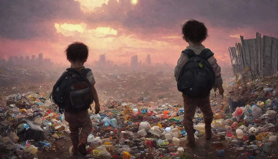 Image similar to poor detailed child with backpack looking for food at garbage dump, city is pure wasteland, moody sunset in background, greg rutkowski, alphonse mucha, trending on artstation, artgerm, unreal engine, breathtaking, award winning, highly detailed