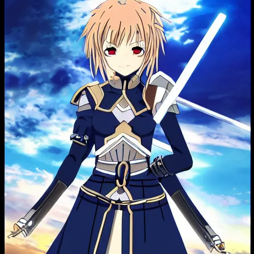 Image similar to key anime visual of a battle maiden dressed like saber, dynamic pose, dramatic pose, shield and sword, sky background.