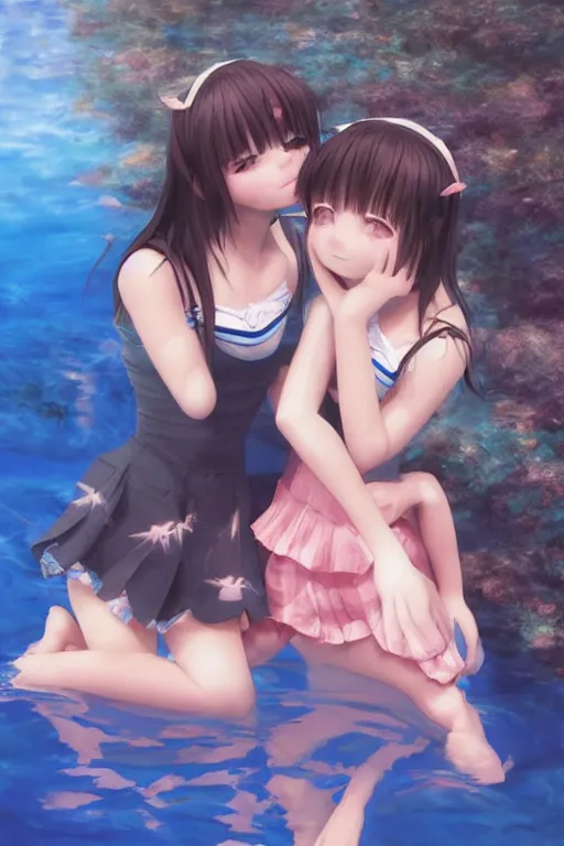 Prompt: 3d infrared render portrait of beauty 3d detailed anime schoolgirls hugged underwater. school best friends. blue water hawaii. cute face. dramatic light, trending on artstation, art by hiro kiyohara and hayao miyazaki oil painting.