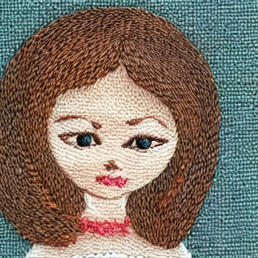 Image similar to a tiny beautiful handmade embroidery of a little girl with brown curly hair. hand embroidery.