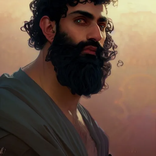 Image similar to ,Crystal blue eyes arab man with black hair curly, light beard,serious face, , by WLOP,Artgerm,Greg Rutkowski,Alphonse Mucha, Beautiful dynamic,shadows,Artstation,concept design art,Octane render,8K