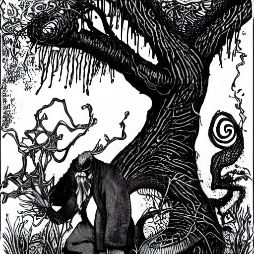 Prompt: so rested he by the tumtum tree and stood awhile in thought | by lewis carroll and hp lovecraft with doctor seuss and hr giger