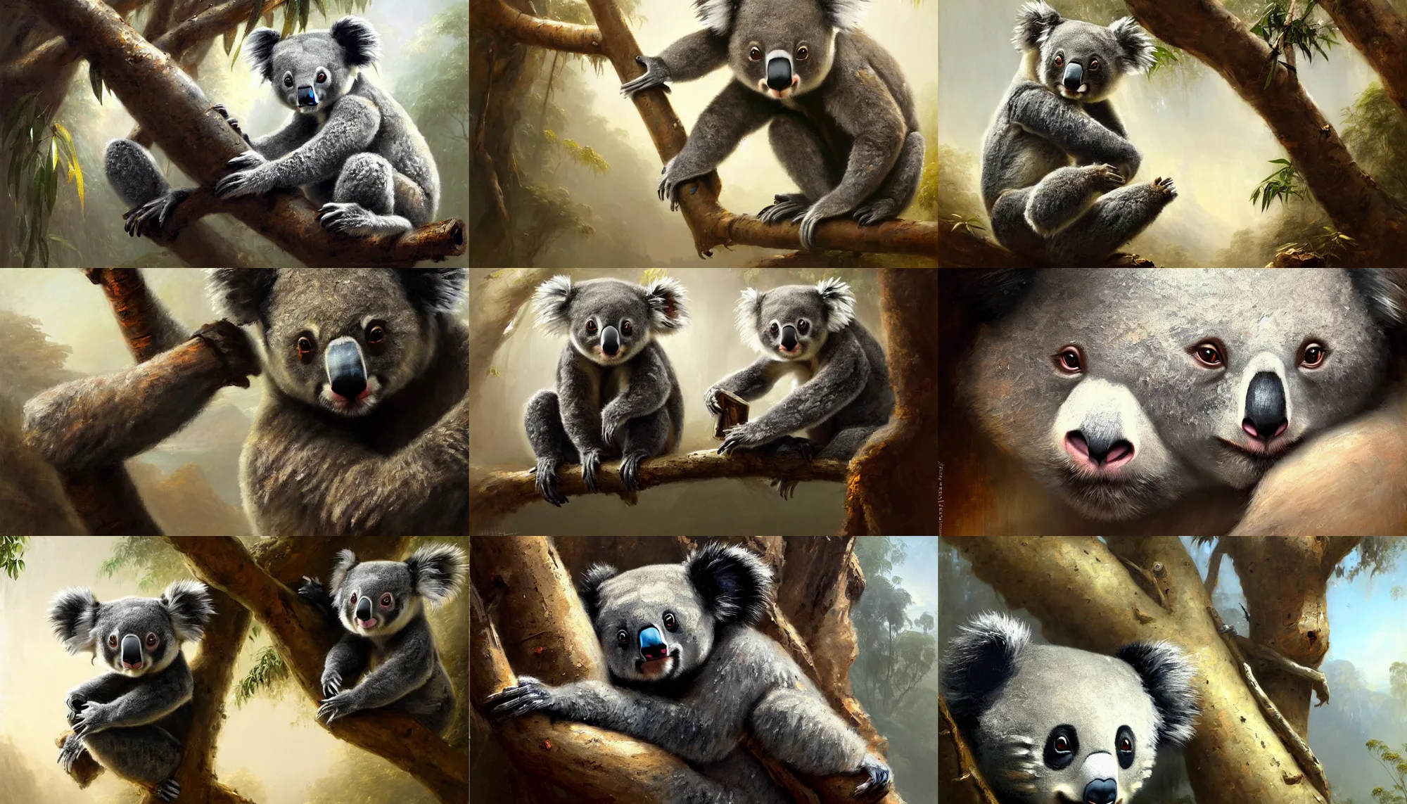 Prompt: highly detailed painting of a humanoid koala half man panda creature by william turner, by greg rutkowski, by william constable, thick brush strokes and visible paint layers, 4 k resolution