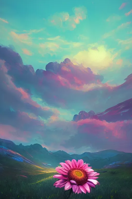 Image similar to giant daisy flower head, in the mountains, surreal photography, sunrise, dramatic light, impressionist painting, colorful clouds, digital painting, artstation, simon stalenhag